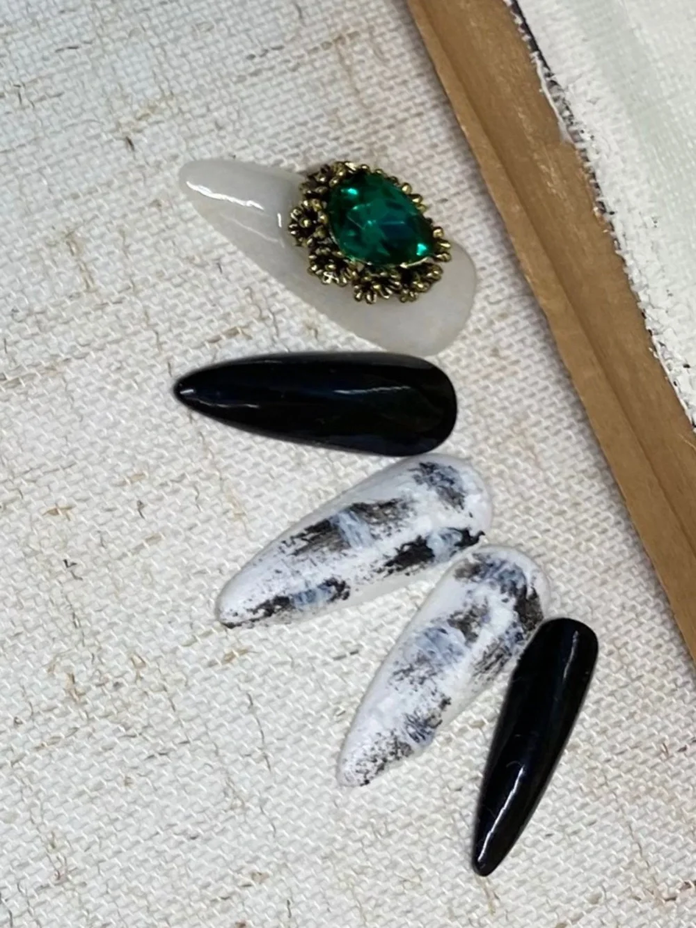 Black & White Marble Press-On Nail Set with Gold and Emerald Accents